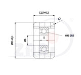 Rolka poliamidowa 21 mm otwór 6 mm z łożyskiem R-21-12,5/6, rysunek techniczny z wymiarami