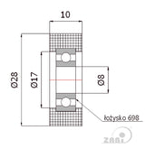 Rolka poliamidowa 28 mm otwór 8 mm z łożyskiem R-28/8, rysunek techniczny z wymiarami