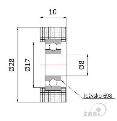 Rolka poliamidowa 28 mm otwór 8 mm z łożyskiem R-28/8, rysunek techniczny z wymiarami