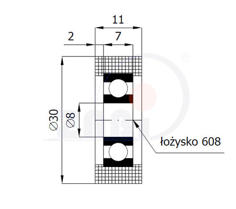 Rolka poliamidowa 30 mm otwór 8 mm z łożyskiem R-30-11/8, rysunek techniczny z wymiarami