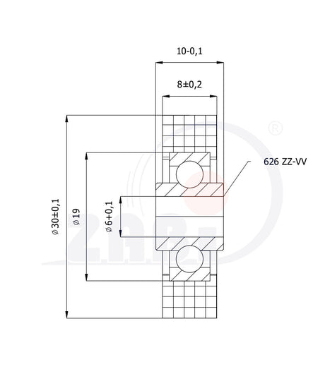 Rolka poliamidowa 30 mm otwór 6 mm z łożyskiem R-30-8-10/6, rysunek techniczny z wymiarami