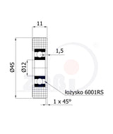 Rolka poliamidowa 45 mm otwór 12 mm z łożyskiem R-45-11/12, rysunek techniczny z wymiarami