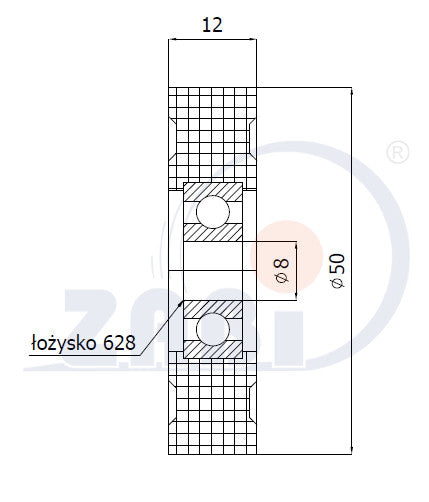 Rolka poliamidowa 50 mm otwór 8 mm z łożyskiem R-50-12/8, rysunek techniczny z wymiarami