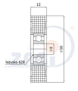 Rolka poliamidowa 50 mm otwór 8 mm z łożyskiem R-50-12/8, rysunek techniczny z wymiarami