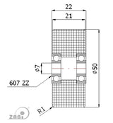 Rolka poliamidowa podwójnie łożyskowana 50 mm R-50-22/7, rysunek techniczny z wymiarami