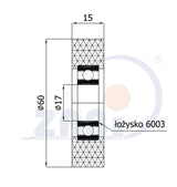 Rolka poliamidowa 60 mm otwór 17 mm z łożyskiem R-60-15/17, rysunek techniczny z wymiarami