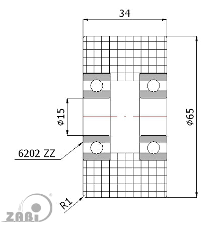 Rolka poliamidowa podwójnie łożyskowana 65 mm R-65-34/15, rysunek techniczny z wymiarami