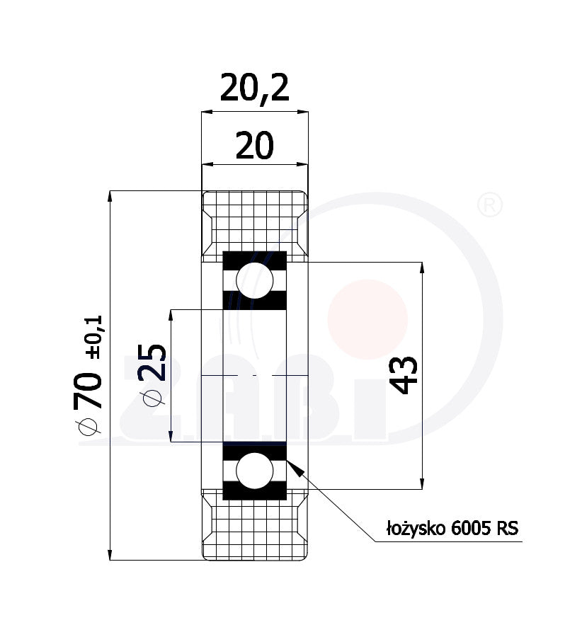 Rolka poliamidowa 70 mm otwór 25 mm z łożyskiem R-70-20/25, rysunek techniczny z wymiarami