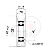 Rolka poliamidowa 70 mm otwór 25 mm z łożyskiem R-70-20/25, rysunek techniczny z wymiarami