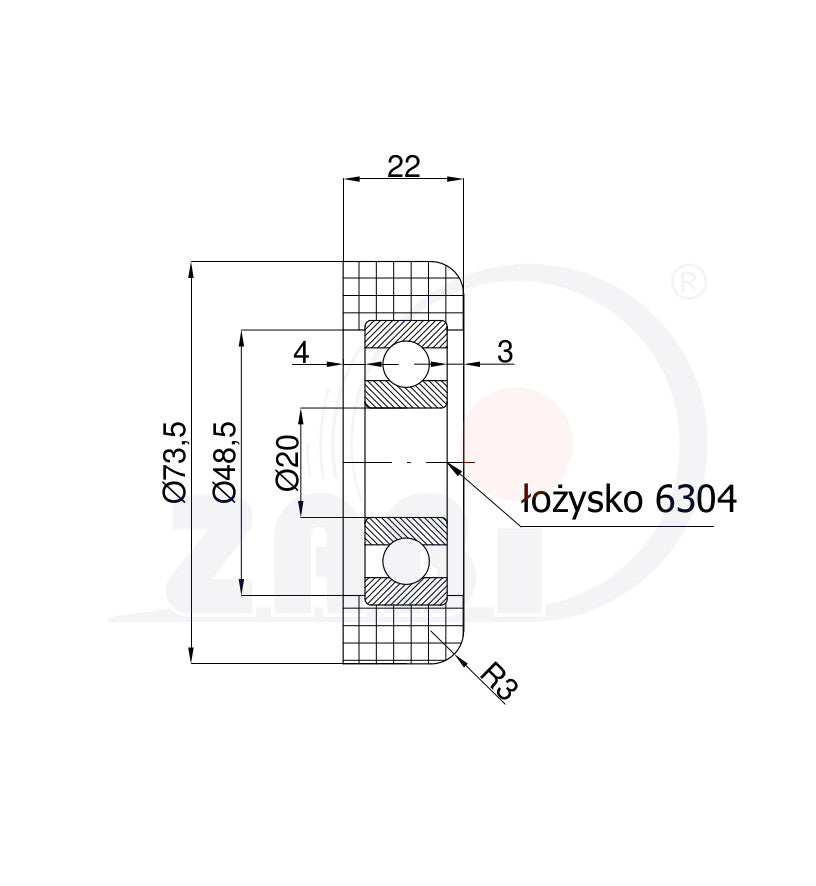 Rolka poliamidowa 73 mm do bramy z łożyskiem R-73,5, rysunek techniczny z wymiarami