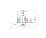 Rolka poliamidowa kształtowa 32 mm RB-32, rysunek techniczny z wymiarami