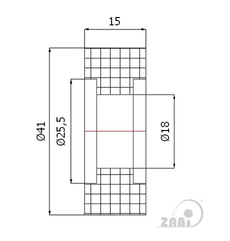 Rolka poliamidowa 41 mm otwór 18 mm bez łożysk RB-41-15/18, rysunek techniczny z wymiarami