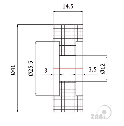 Rolka poliamidowa 41 mm otwór 12 mm bez łożysk RB-41W, rysunek techniczny z wymiarami