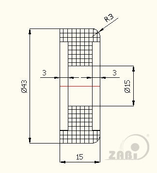 Rolka poliamidowa 43 mm do bramy bez łożysk RB-43/15, rysunek techniczny z wymiarami