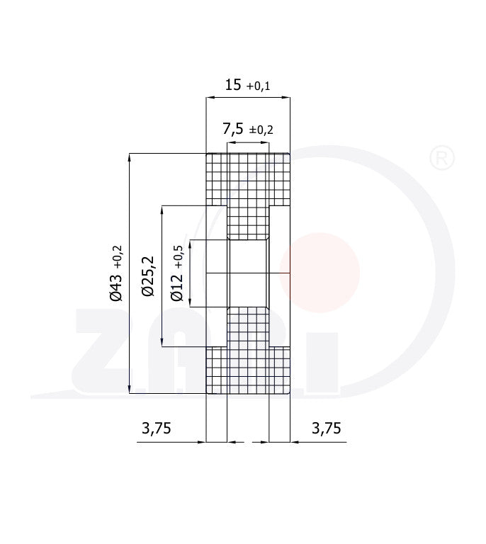Rolka poliamidowa 43 mm otwór 12 mm bez łożysk RB-43W, rysunek techniczny z wymiarami