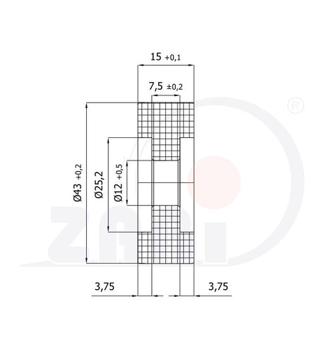 Rolka poliamidowa 43 mm otwór 12 mm bez łożysk RB-43W, rysunek techniczny z wymiarami