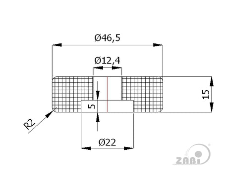 Rolka poliamidowa kształtowa 46,5 mm RB-46,5, rysunek techniczny z wymiarami