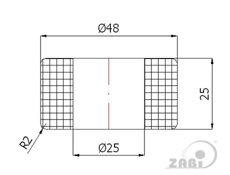Rolka poliamidowa 48 mm otwór 25 mm bez łożysk RB-48-25/25, rysunek techniczny z wymiarami