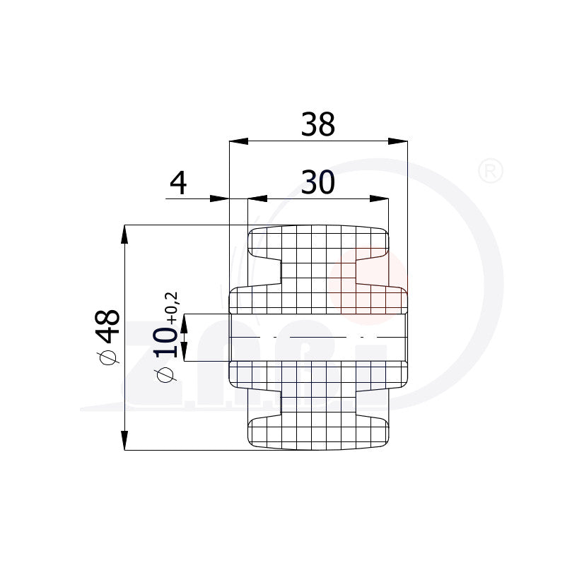 Rolka poliamidowa 48 mm otwór 10 mm bez łożysk RB-48-38-30/10, rysunek techniczny z wymiarami
