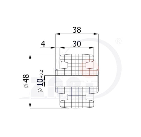 Rolka poliamidowa 48 mm otwór 10 mm bez łożysk RB-48-38-30/10, rysunek techniczny z wymiarami