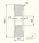 Rolka poliamidowa 50,3 mm do bramy bez łożysk RB-50,3, rysunek techniczny z wymiarami