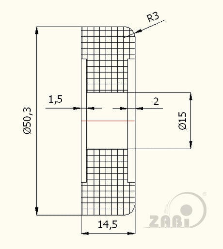 Rolka poliamidowa 50,3 mm do bramy bez łożysk RB-50,3, rysunek techniczny z wymiarami