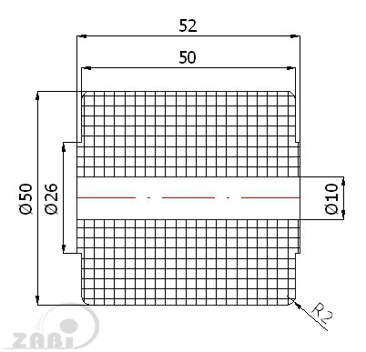 Rolka poliamidowa 50 mm otwór 10 mm bez łożysk RB-50-52/10, rysunek techniczny z wymiarami
