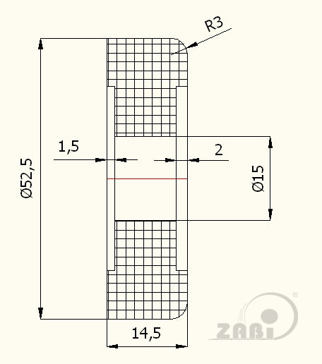 Rolka poliamidowa 52,5 mm do bramy bez łożysk RB-52,5, rysunek techniczny z wymiarami