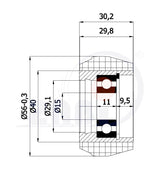 Rolka poliamidowa zaokrąglona 56 mm z łożyskiem RC-56-30/15-M, rysunek techniczny z wymiarami