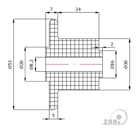 Rolka poliamidowa z kołnierzem 53 mm T53/30, rysunek techniczny z wymiarami