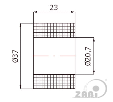 Rolka poliamidowa 37 mm otwór 20 mm bez łożysk TD400, rysunek techniczny z wymiarami
