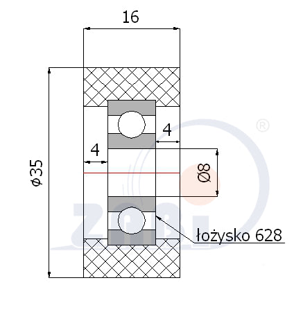 Rolka poliuretanowa 35 mm z łożyskiem RP-35-16/8, rysunek techniczny z wymiarami