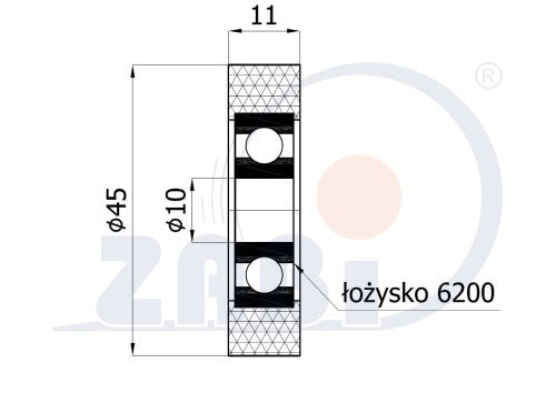 Rolka poliuretanowa 45 mm z łożyskiem RP-45-11/10, rysunek techniczny z wymiarami