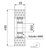 Rolka poliuretanowa 50 mm z łożyskiem RP-50-15/10, rysunek techniczny z wymiarami