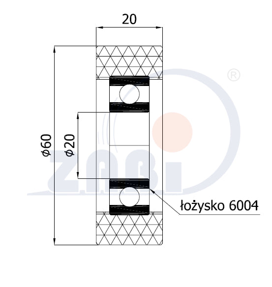 Rolka poliuretanowa 60 mm z łożyskiem RP-60-20/20, rysunek techniczny z wymiarami