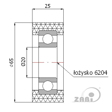 Rolka poliuretanowa 65 mm z łożyskiem RP-65-25/20, rysunek techniczny z wymiarami