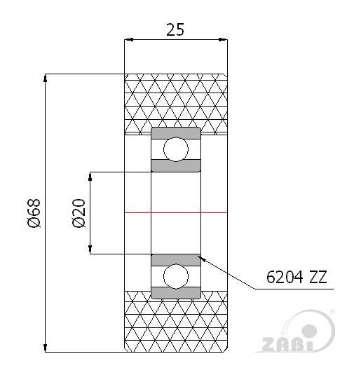 Rolka poliuretanowa 68 mm z łożyskiem RP-68-25/20, rysunek techniczny z wymiarami