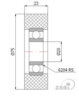 Rolka poliuretanowa 75 mm z łożyskiem RP-75-23/20, rysunek techniczny z wymiarami