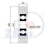Rolka poliuretanowa 80 mm z łożyskiem RP-80-20/17, rysunek techniczny z wymiarami