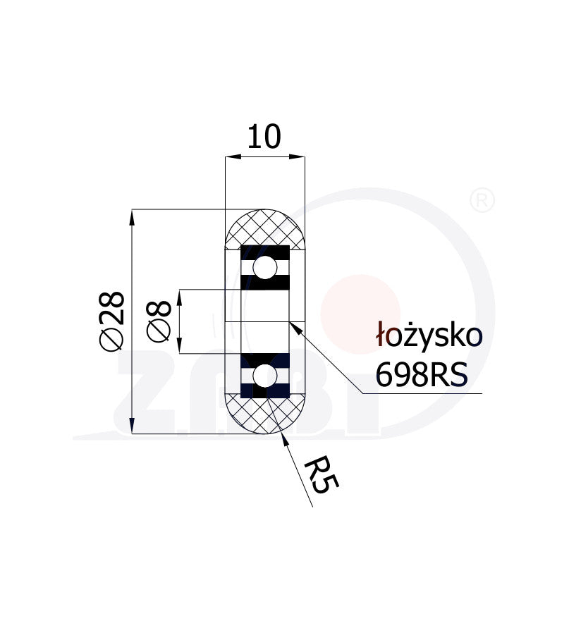 Rolka poliuretanowa 28 mm zaokrąglona z łożyskiem RPC-28-10/8, rysunek techniczny z wymiarami