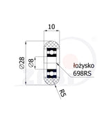 Rolka poliuretanowa 28 mm zaokrąglona z łożyskiem RPC-28-10/8, rysunek techniczny z wymiarami