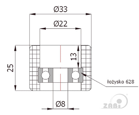 Rolka prowadząca 33 mm do bramy RB-33Ł, rysunek techniczny z wymiarami