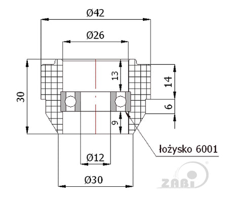 Rolka prowadząca 43 mm do bramy RB-43Ł, rysunek techniczny z wymiarami