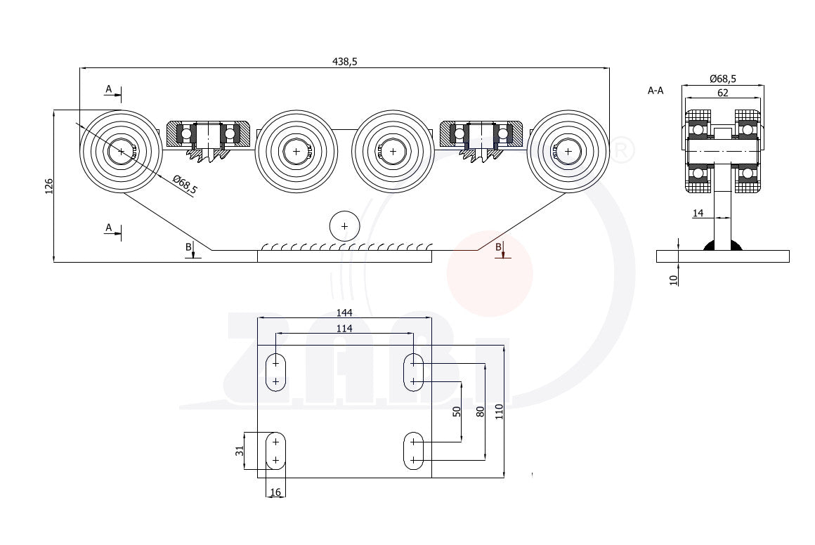 Wózek metalowo-poliamidowy 10-rolkowy 80x80 do bramy 10M-80, rysunek techniczny z wymiarami