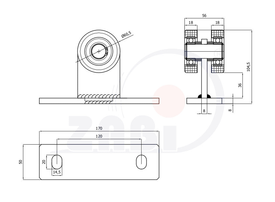 Wózek metalowy 2-rolkowy 70x70 do bramy 2M-70, rysunek techniczny z wymiarami