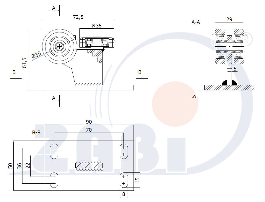 Wózek metalowy 3-rolkowy 40x40 do bramy 3MM-40, rysunek techniczny z wymiarami