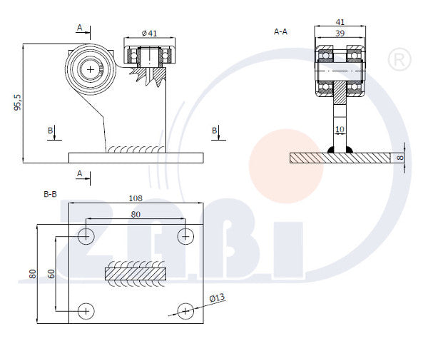 Wózek do bramy 3-rolkowy 50x50 do 180°C 3MM-50E, rysunek techniczny z wymiarami