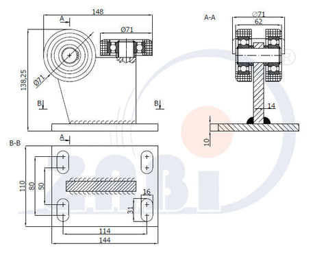 Wózek metalowy 3-rolkowy 80x80 do bramy 3MM-80/4, rysunek techniczny z wymiarami