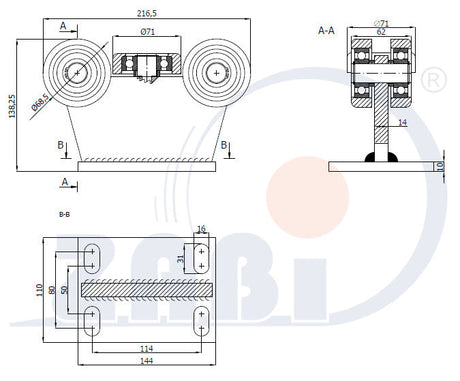 Wózek metalowy 5-rolkowy 80x80 do bramy 5MM-80/4, rysunek techniczny z wymiarami