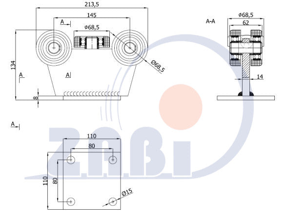 Wózek poliamidowy 5-rolkowy 80x80 do bramy 5T-80M, rysunek techniczny z wymiarami